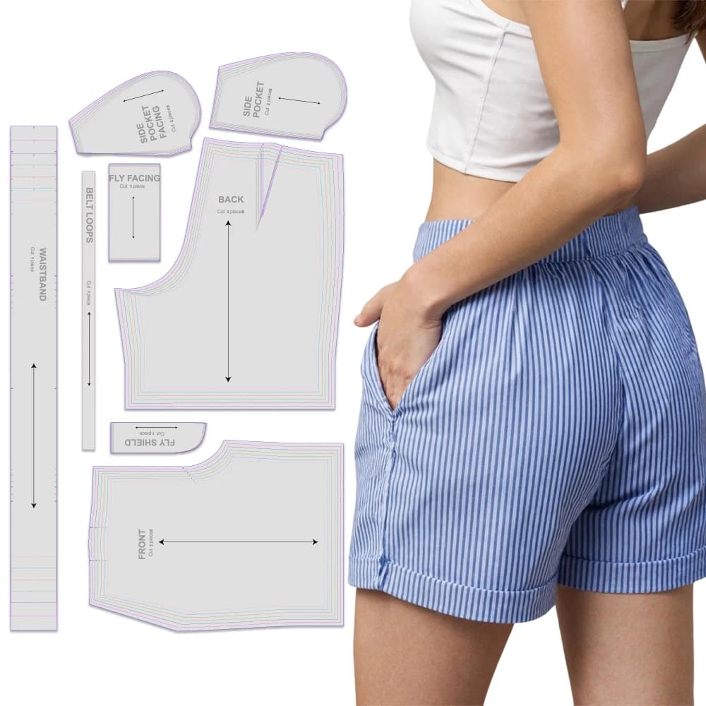 Modelli di cucito per pantaloncini a righe da donna in 7 taglie (XS-XXXL), kit da cucito per principianti per abbigliamento femminile
