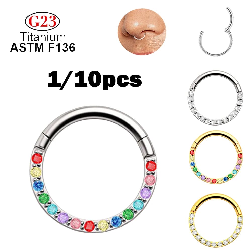 1/10Pcs 16G G23 Titanium Rainbow CZ Nose Ring Stud Septum Ear Tragus Cartilage Daith Piercing Earrings Piercings Jewelry
