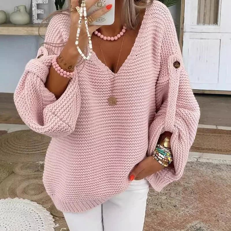 Maglione da donna casual lavorato a maglia con scollo a V Autunno Inverno Moda Bottoni Caldo maglione da pendolare Elegante pullover a maniche lunghe regolabile solido