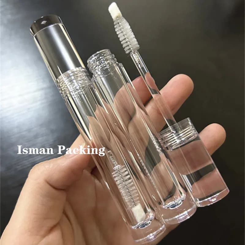 50 pezzi vuoti rotondi da 5 ml, bottiglia per imballaggio mascara in cristallo trasparente, tubi contenitori per eyeliner trasparenti con pennello per ciglia in silicone