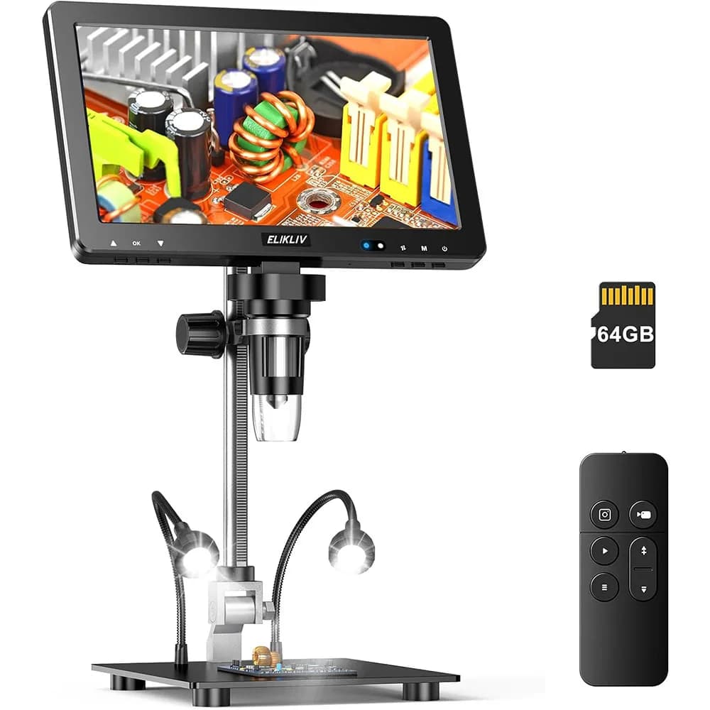 Elikliv EDM9 Max 10.1" HD IPS HDMI Microscopio digitale 1500X 20MP Microscopio per saldatura LCD per riparazioni elettroniche con supporto da 12.6''