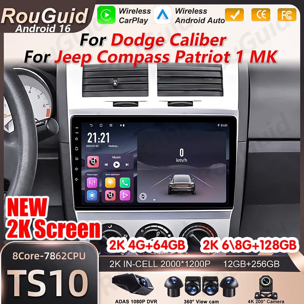 Autoradio Android 16 con Carplay per Dodge Caliber, Jeep Compass 1 MK, Patriot 2006-2010, Lettore Multimediale per Auto