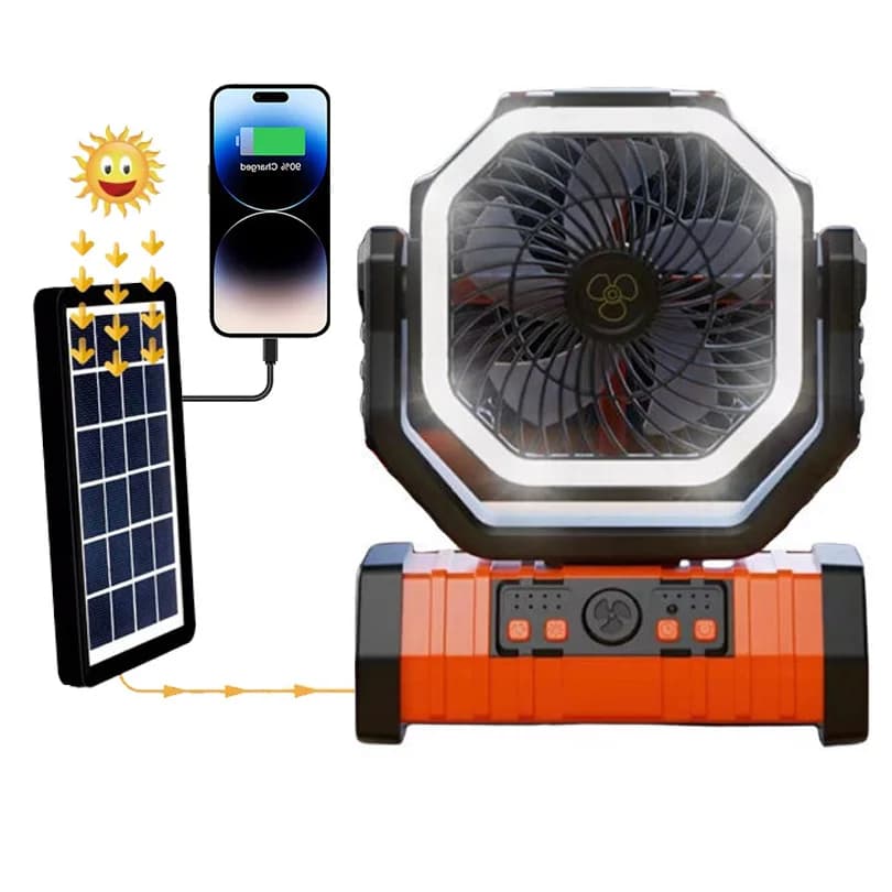 Ventilatore a luce LED da campeggio multifunzione a energia solare ricarica USB 10000mAh batteria ventola elettrica portatile con raffreddamento ad aria