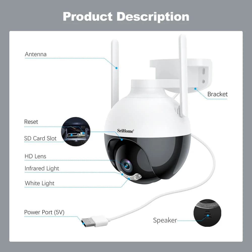 Srihome APP SH045 2MP 1080P Full Color Wireless PTZ IP Dome Camera AI Humanoid Detection Home Security CCTV Baby Monitor