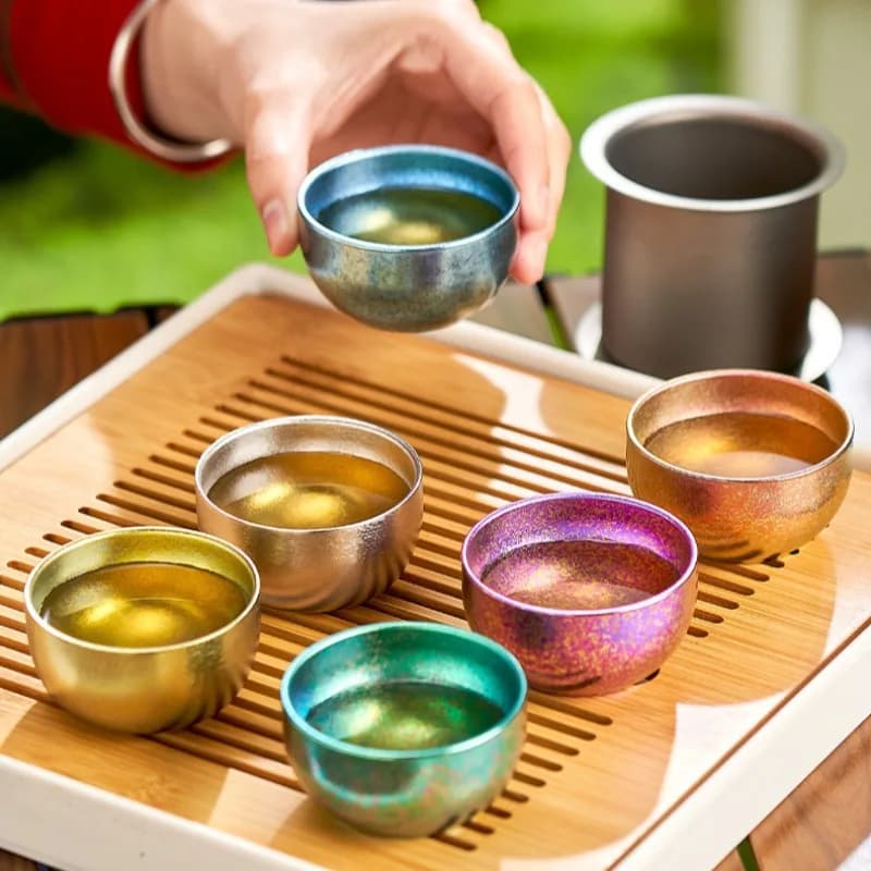 Tazza da tè in titanio puro Accessori da tè da viaggio all'aperto Tazza da tè piccola con doppio isolamento Tazze da campeggio cristallizzate
