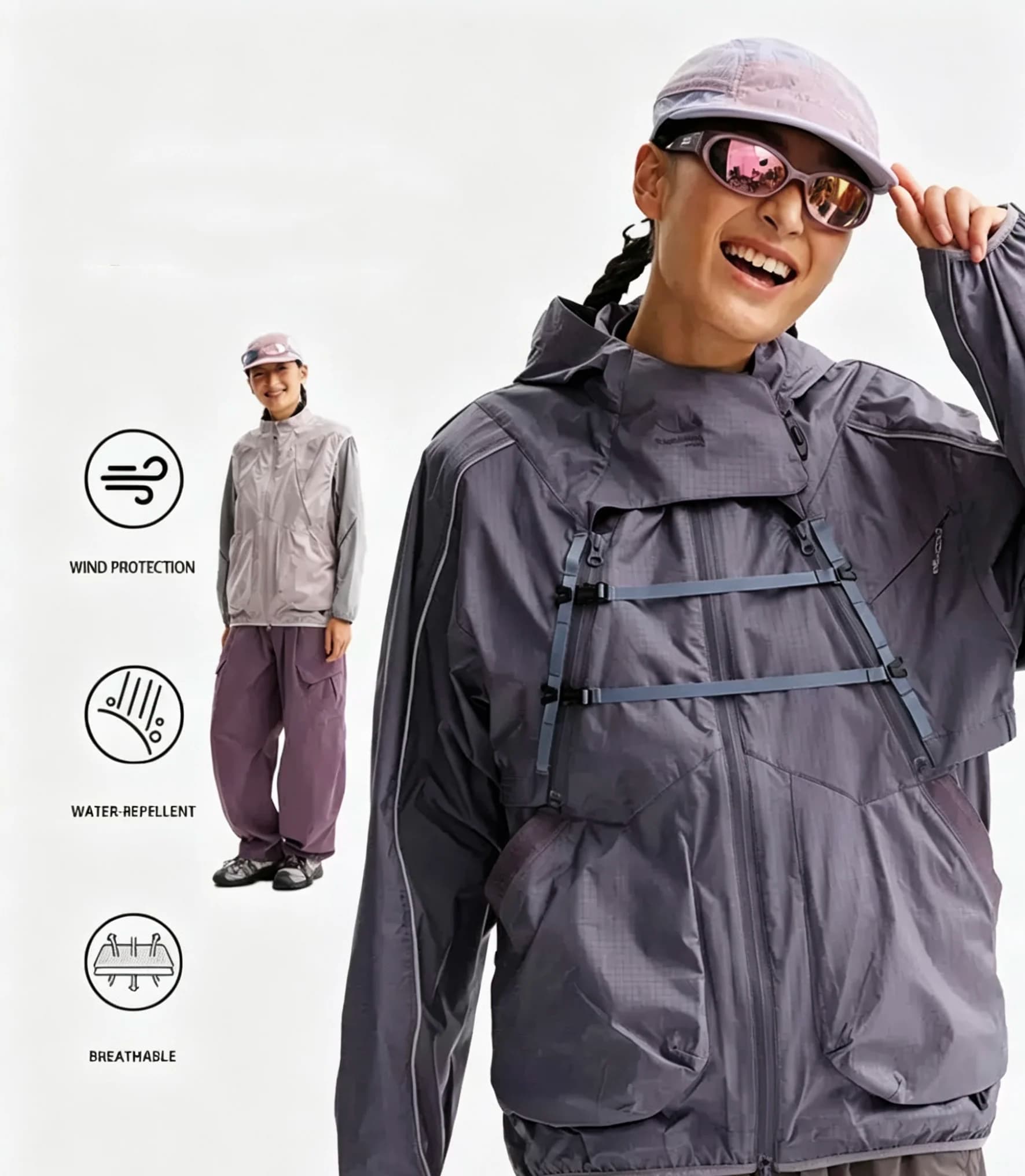 2 Pieces Techwear Cargo Jacket Hooded Waterproof Reflective Strip Vest Cloak Loose Casual Outdoor Sports Hiking Running Coat