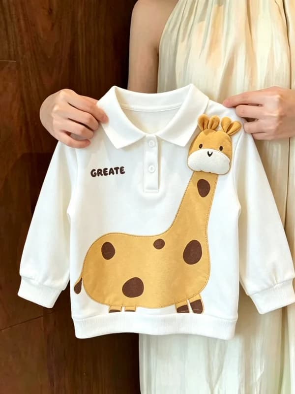 Long Sleeve T-Shirt for Girls with Collar Giraffe Cartoon Print Base Layer Shirt for Younger Children Autumn 2026 New Style