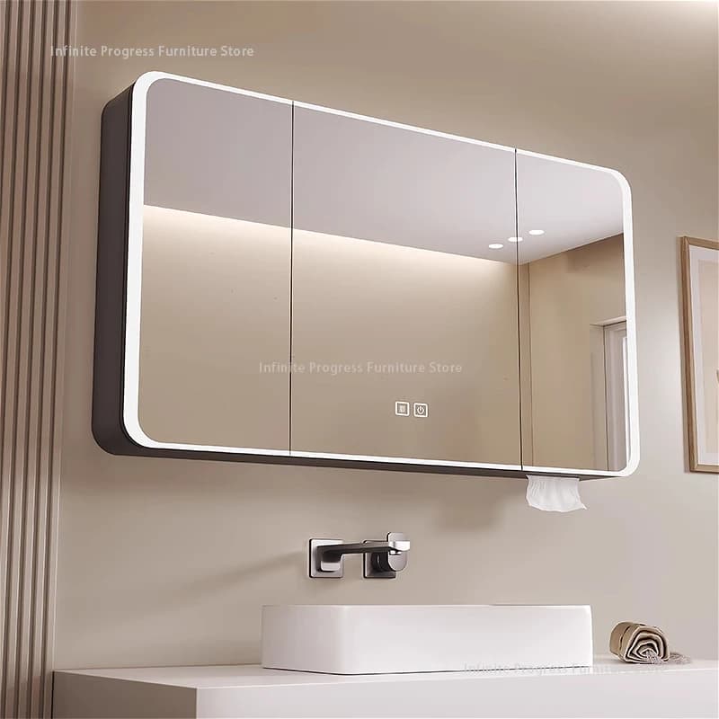 Armadietto a specchio da bagno intelligente a forma di arco, armadietto a specchio da bagno a parete con illuminazione, armadietto a specchio da bagno intelligente