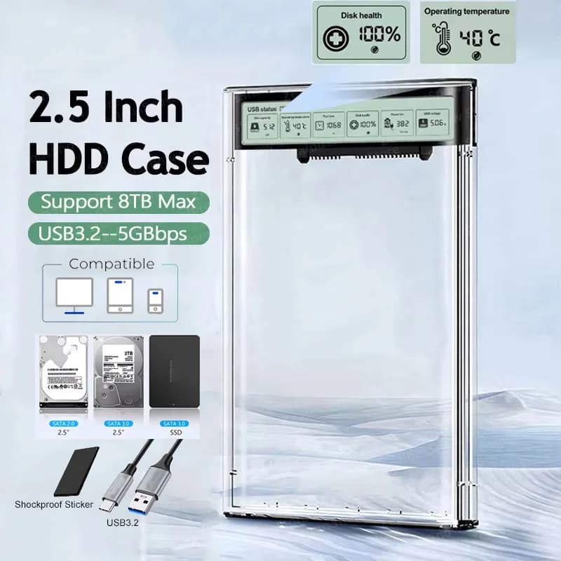 Case Esterno USB 3.2 per HDD 5Gbps 2.5 Pollici Trasparente, Box per Disco Rigido SATA HDD SSD per Laptop e PC