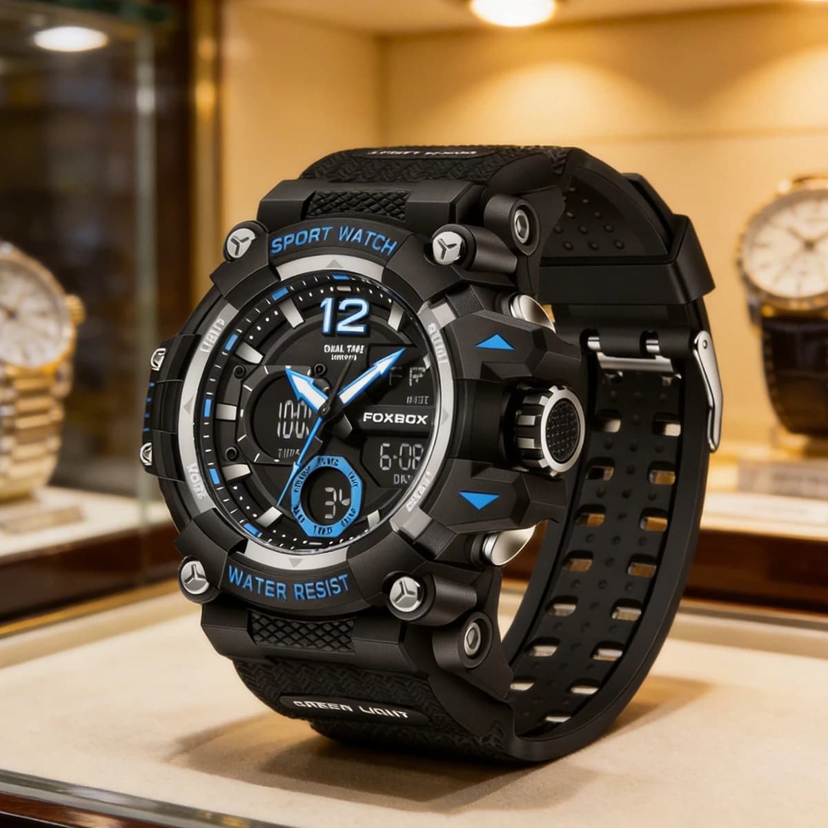 Foxbox Fashionable Men's Sports Watch Shock Resistant Waterproof Wrist Watch 50M Alarm LED Alarm Clock Military Men's Watch