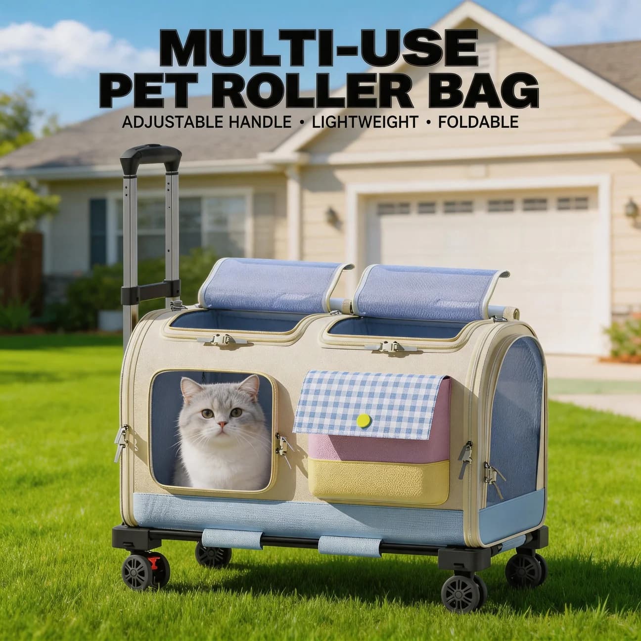 Large Foldable Pet Stroller Portable Pet Trolley Case Rolling Cat Carrier with Wheels for 2 Cats for Travel Walking and Camping