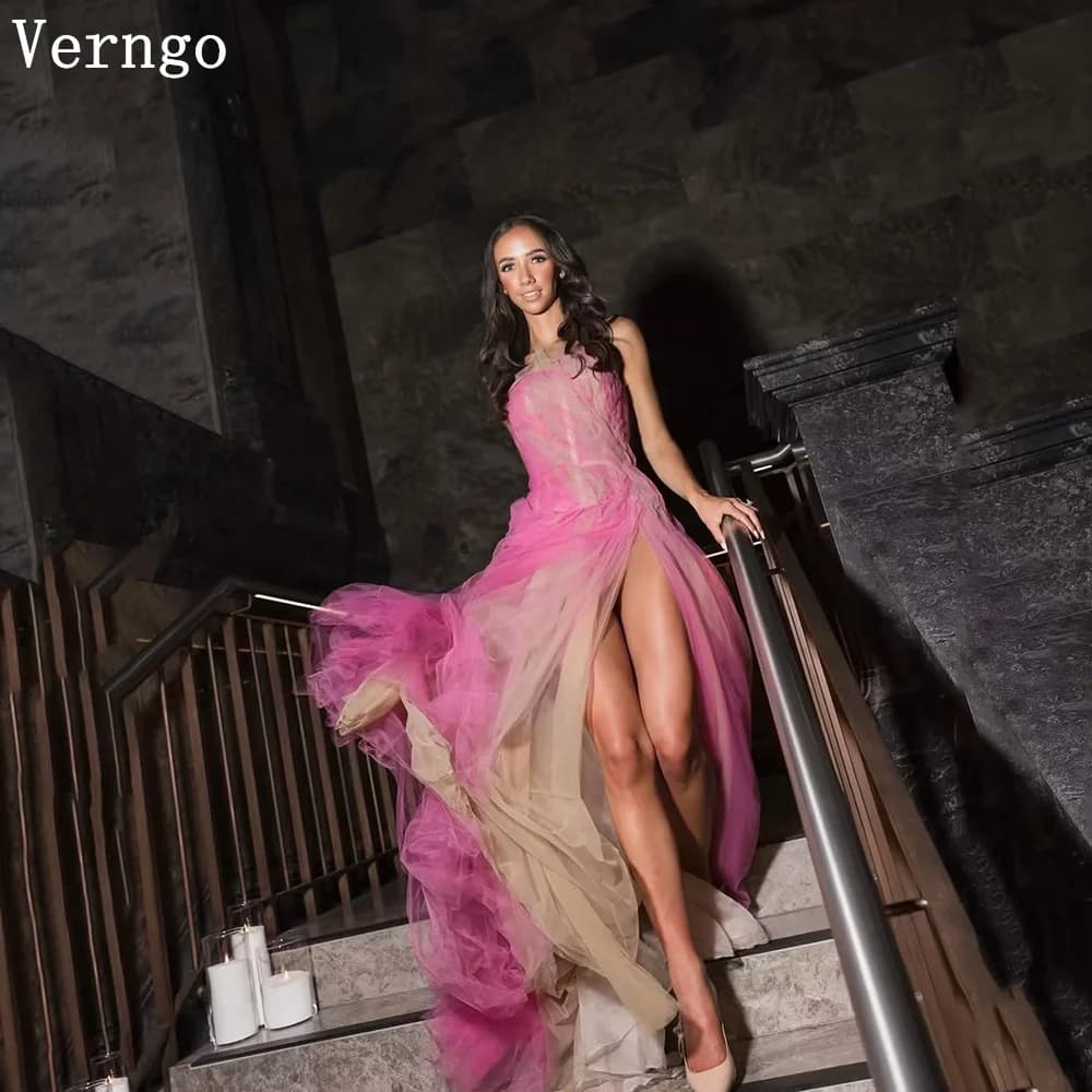 Verngo Abito da sera in tulle rosa senza spalline con spacco laterale, modello A-line, per ballo di fine anno, feste moderne e cerimonie 2026 Personalizzabile