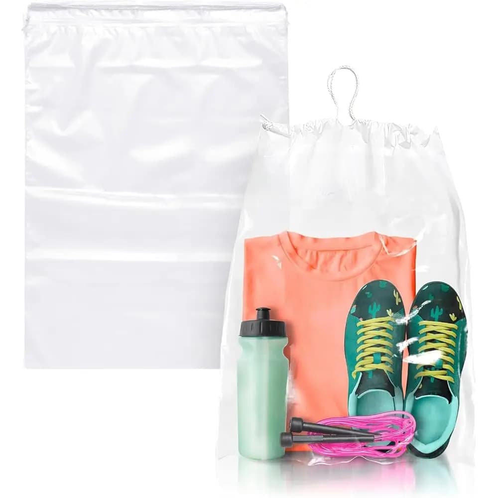 Borsa da viaggio trasparente con coulisse per scarpe. Sacchetti Impermeabili Antipolvere per Scarpe con Doppi Lacci in Cotone. Sacchetti in plastica PE da 2 mil
