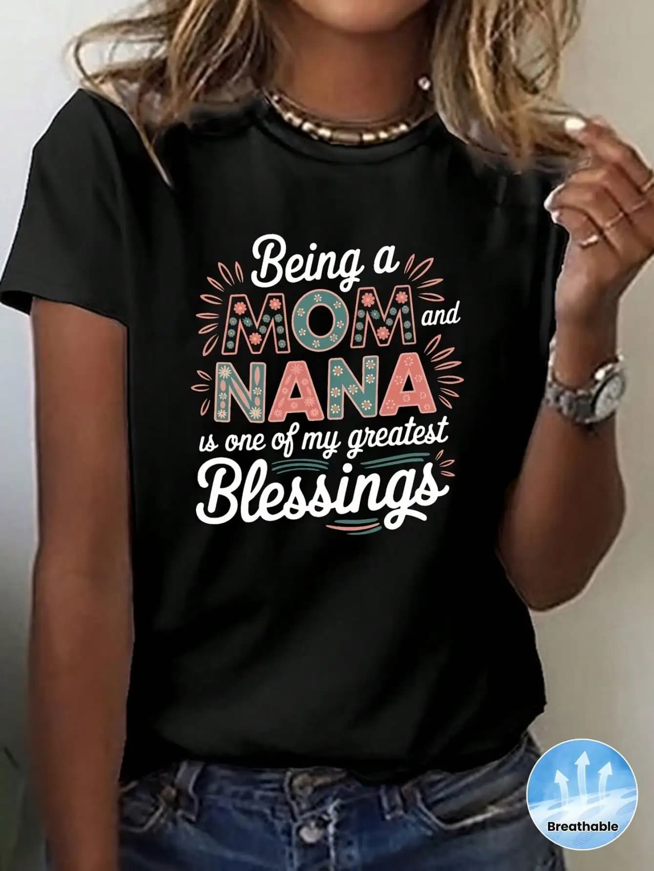 [Being A MOM & NANA T-Shirt] Women's Being A MOM & NANA Graphic Print T-Shirt - Short Sleeve Crew Neck Casual Top, Medium Stretch, Machine Washable, All-Season Comfort For Spring & Summer