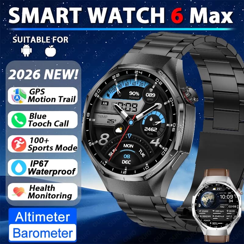 2026 Nuovo Orologio 6 Max Astuto Della Vigilanza Degli Uomini GPS Movimento Trail Monitoraggio della Salute Altitudine IP67 Impermeabile Sport Chiamata Bluetooth Smartwatch