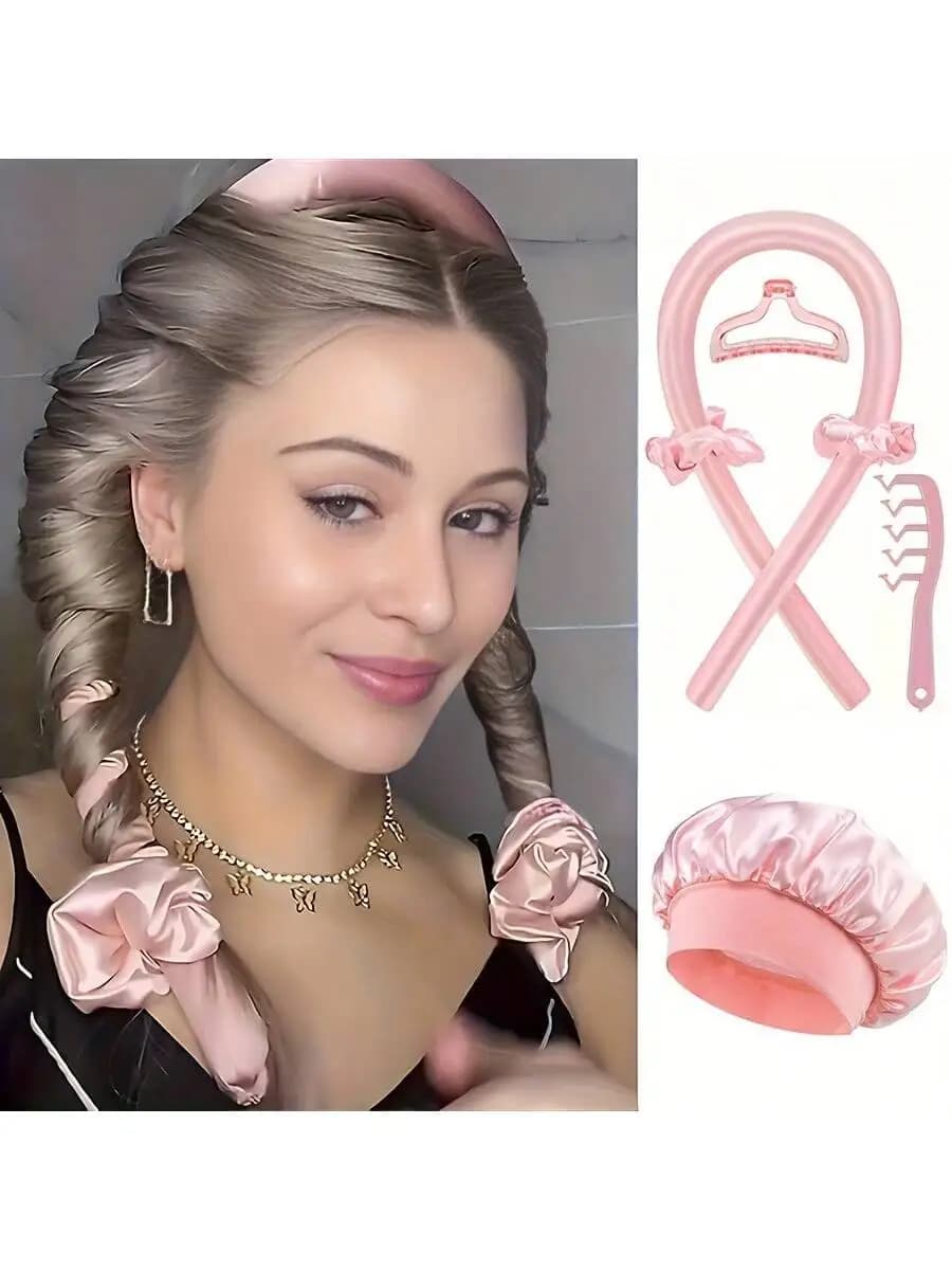 Set of 6 night headphones in satin and iron curling hair without heat from woman