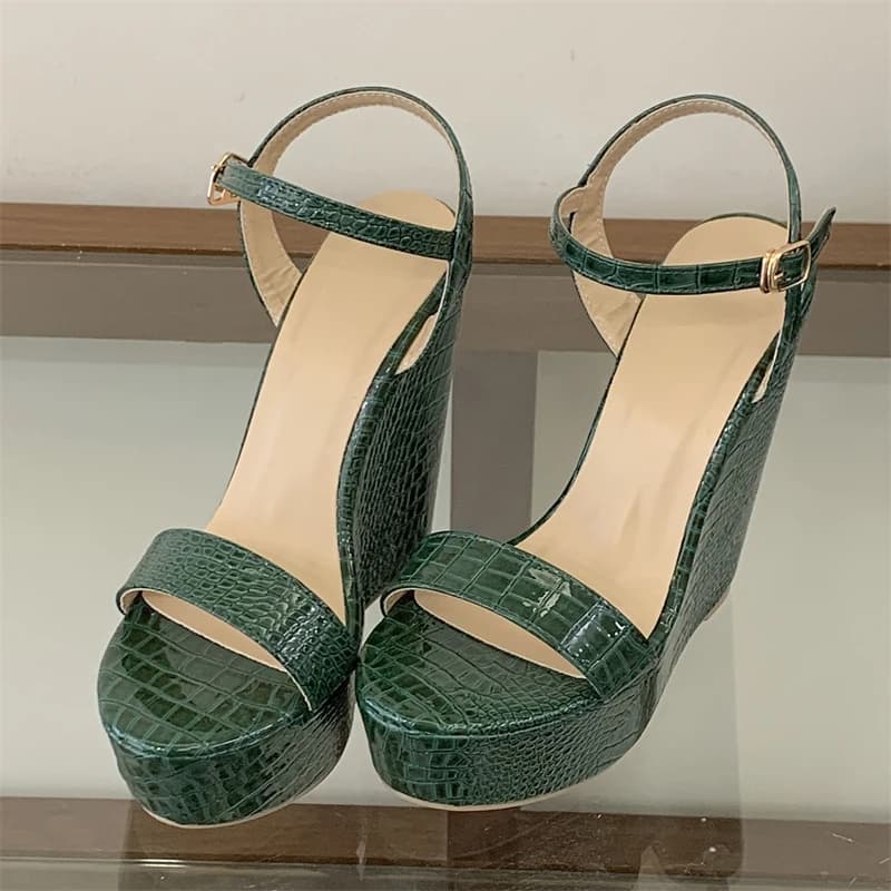 Eilyken Sandali con zeppa e plateau da donna, con motivo serpente verde, punta aperta, suola spessa e cinturino con fibbia, scarpe estive alla moda