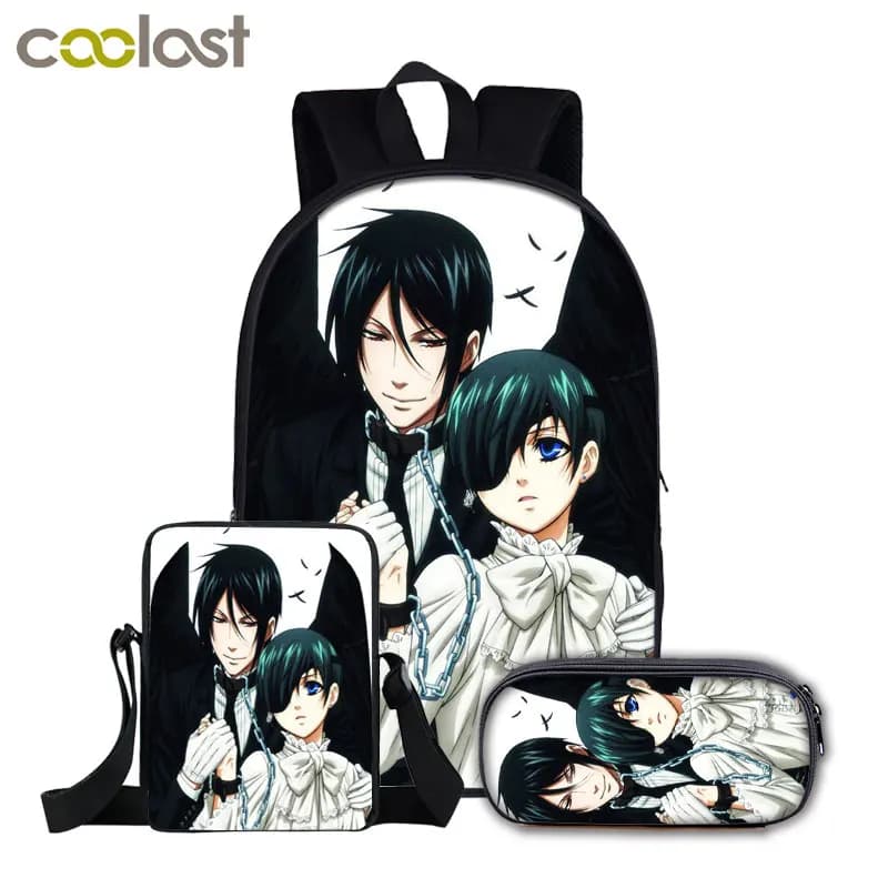 Harajuku Youthful Japan Black Butler Stampa 3D 3 pezzi/set Borse da viaggio per studenti Borsa da viaggio per laptop Zaino Borsa a tracolla Astuccio per matite