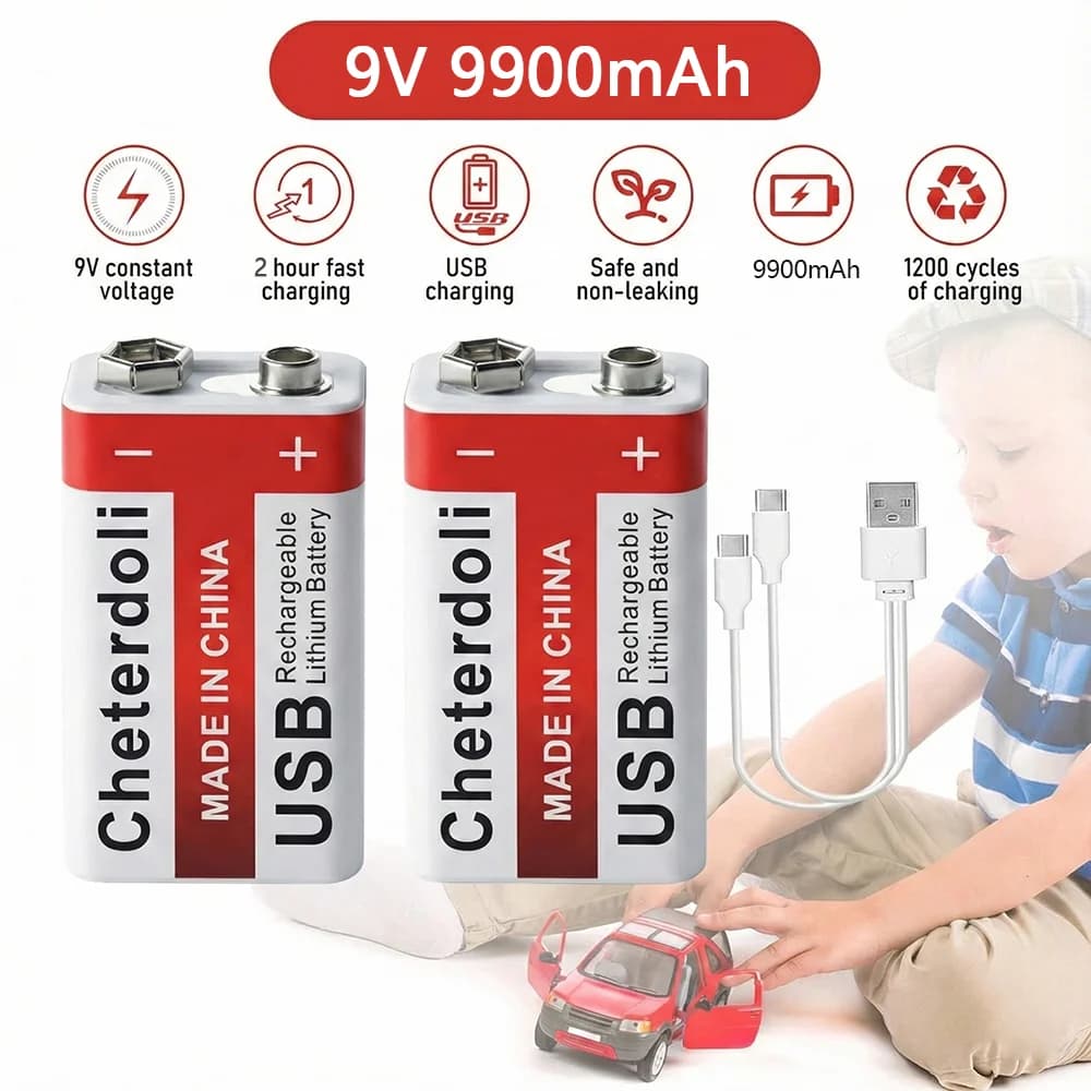 Batteria agli ioni di litio da 9 Volt 9900 mAh ricaricabile 6F22 Carica USB diretta per rilevatore di fumo Sistema di allarme Multimetro digitale Tester Strumenti