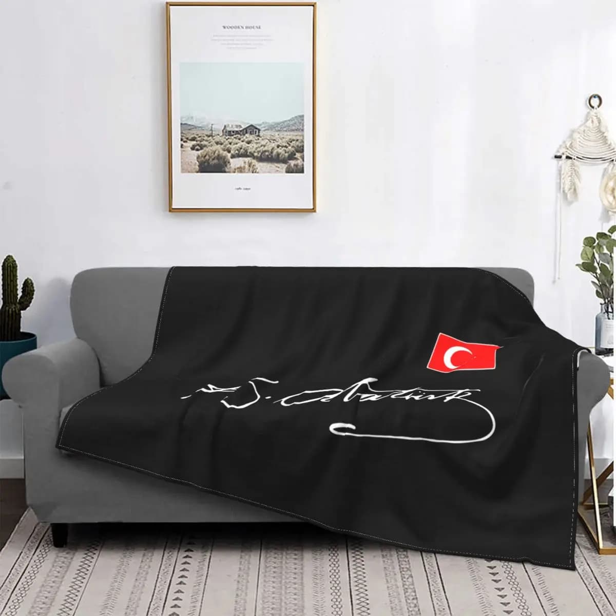 Ataturk With Turkey Flag Knitted Blanket Fleece Turkish Ataturk Signature Super Warm Throw Blankets for Outdoor Travel Bed Rug