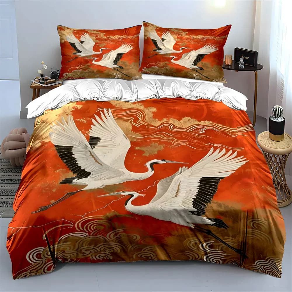 Elegante Set di Biancheria da Letto con Motivo Gru, Include 1 Copripiumino e 2 Federe, Disponibile in Misure Singola, Doppia, King, Queen, Idea Regalo