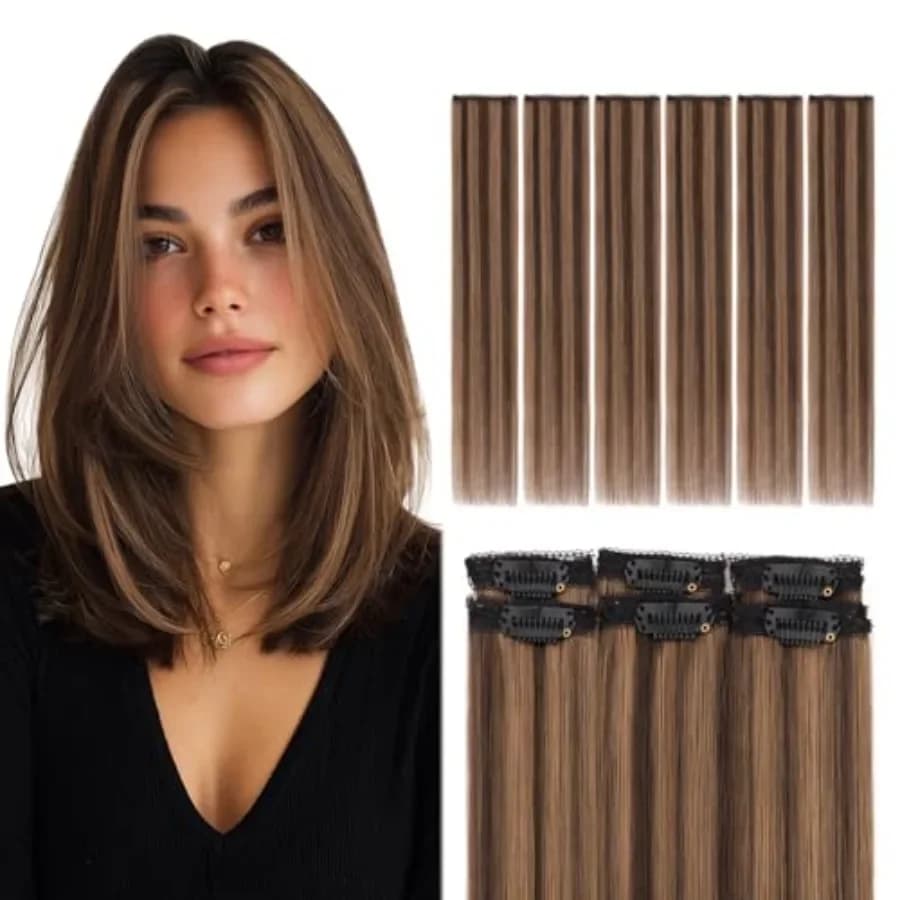 Short Clip in Hair Extensions Real Human Hair 6PCS Lace Weft Remy Hairpieces for Women Adding Volume 10 Inch Dark Brown and Lig