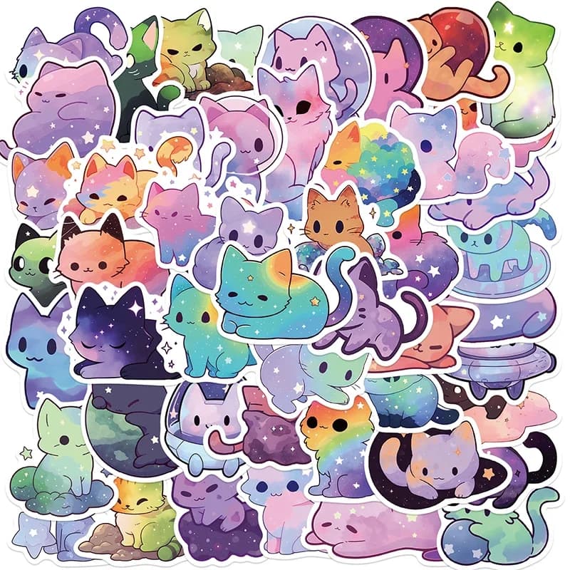 50 Pezzi Adesivi Graffiti Gatto Cielo Stellato Colorato Cartone Animato, Decorazioni Fai da Te per Casco, Bicicletta, Chitarra, Astuccio, Tazza, Giocattoli per Bambini, Regalo