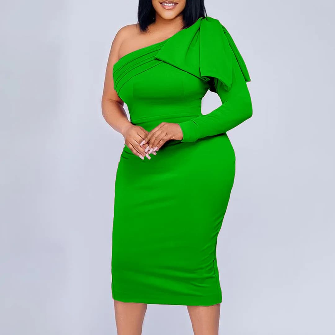 D3173 Plus Size Women's Clothing 2026 New Style Slanted Collar Solid Color Fashion Bodycon Sexy Dress Maxi Clothes Bandage