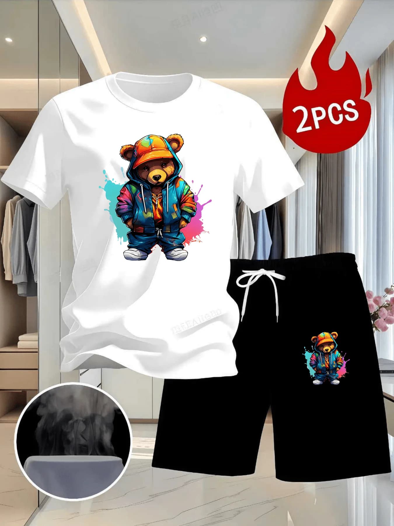 Men Summer 2Pcs High Street Tracksuit Colorful Graffiti Bear Print Short Sleeve T-Shirt + Shorts Casual Sports Outfit