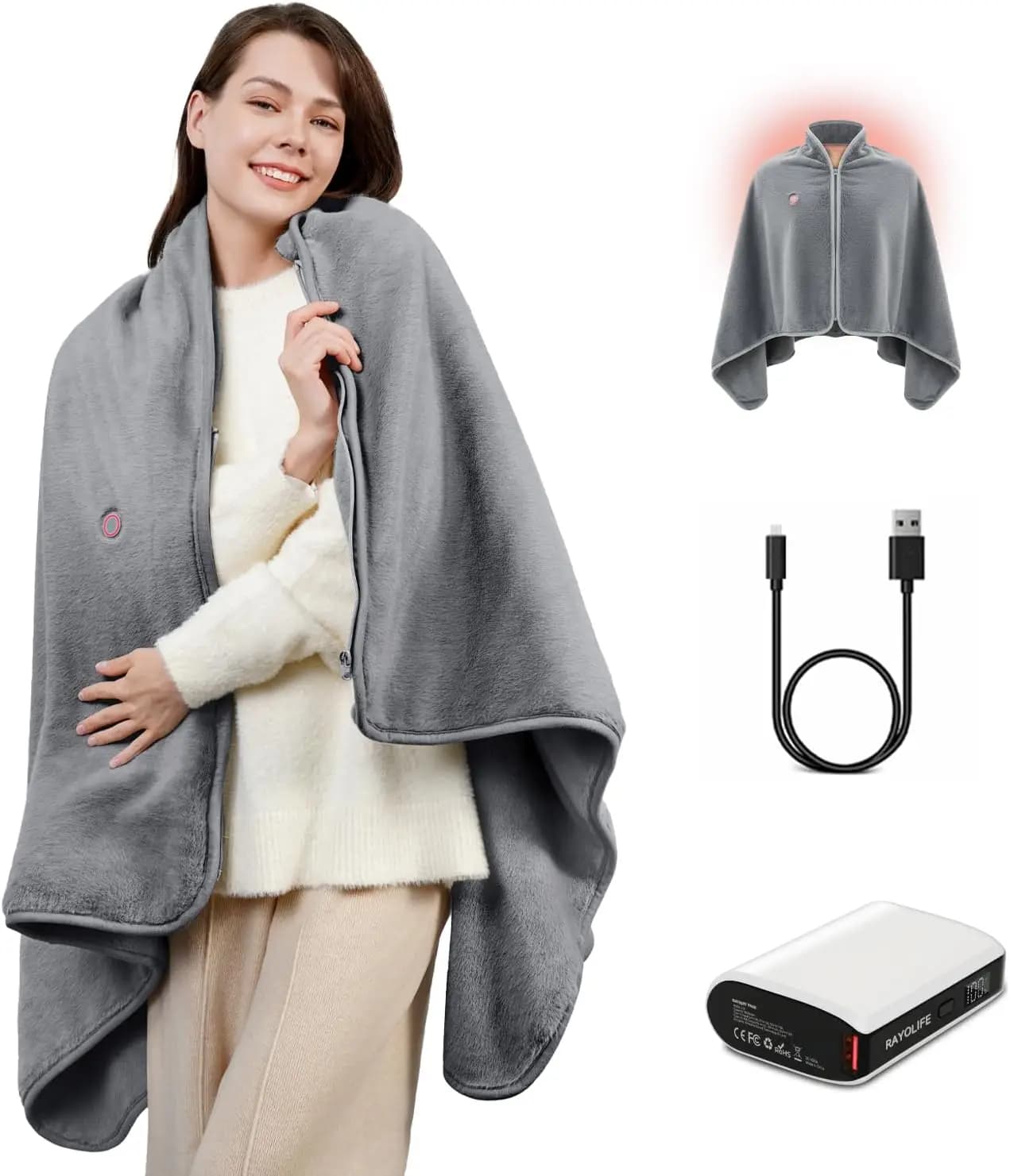 Coperta riscaldata portatile con batteria ricaricabile, calore lontano infrarosso, morbida pelliccia sintetica per campeggio da viaggio in ufficio a casa