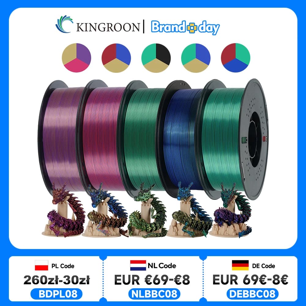 KINGROON 5KG Silk Tricolor PLA Filament 1.75mm, Three-colour Coextrusion 3D Printing Material, New Color Change, 5Roll 1kg/Spool
