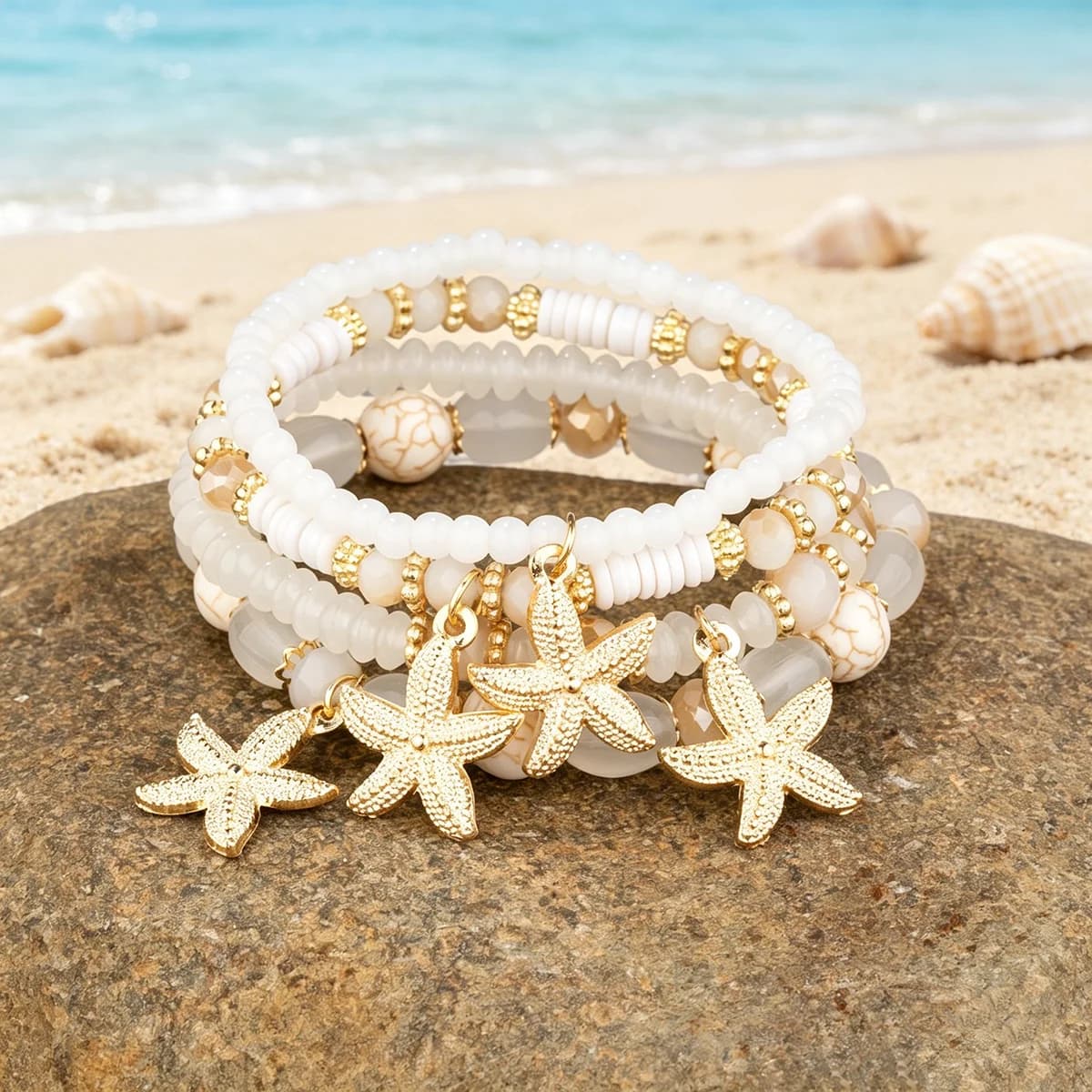 4Pcs Boho Starfish Charm Layered Bracelet Set, Elastic Beaded Stackable Bracelets, Summer Beach Vacation Daily Jewelry, Mothers Day Birthday Gift for Women