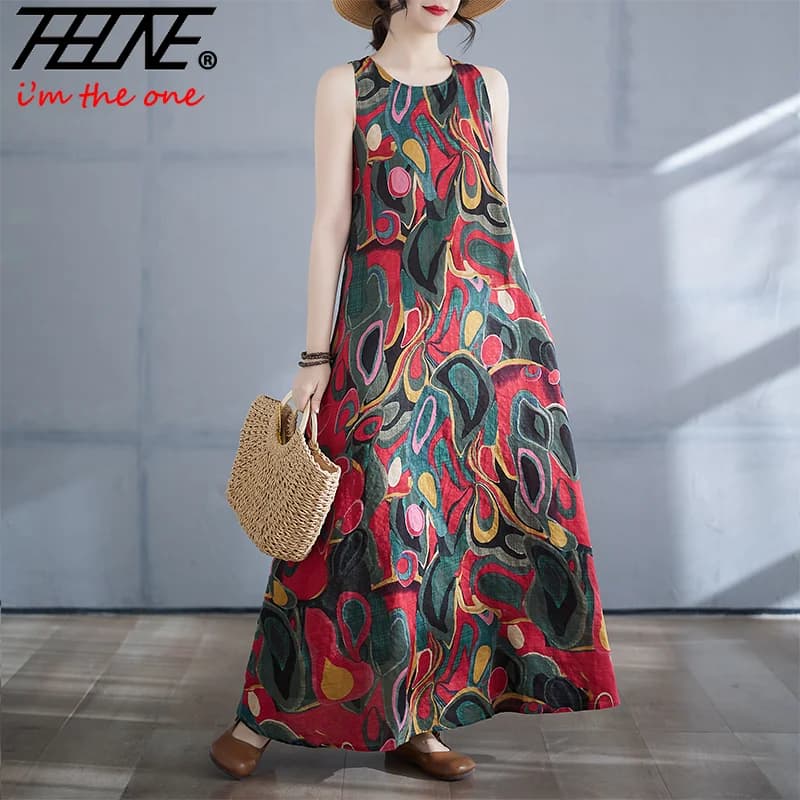 THHONE Vestido Feminino Summer Dress Women Sleeveless Robe Tank Bohemian Beach Style O Neck Print Elegant Women's Loose Dresses