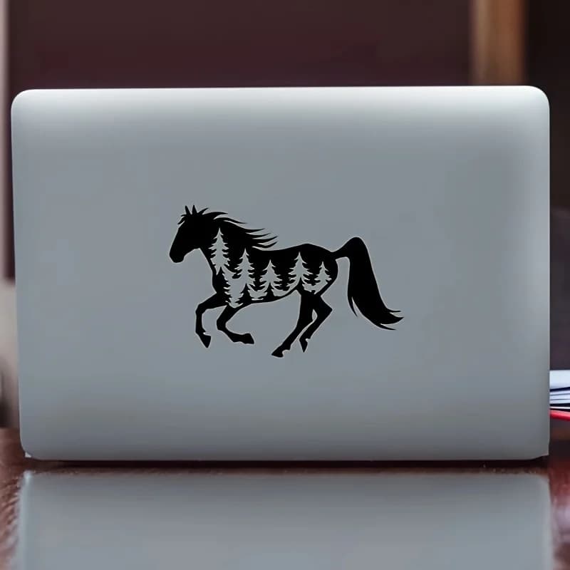 1 adesivo in vinile con cavallo e foresta in bianco e nero, adesivo universale per auto, moto, laptop, finestra, casco, parete, skateboard