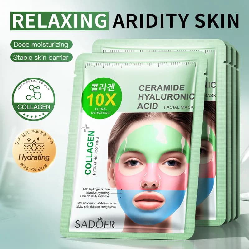 Maschera facciale tricolore al collagene, ceramide e acido ialuronico che rimuove i gialli, la ternezza e le macchie, illumina il tono della pelle, idrata e rassoda.