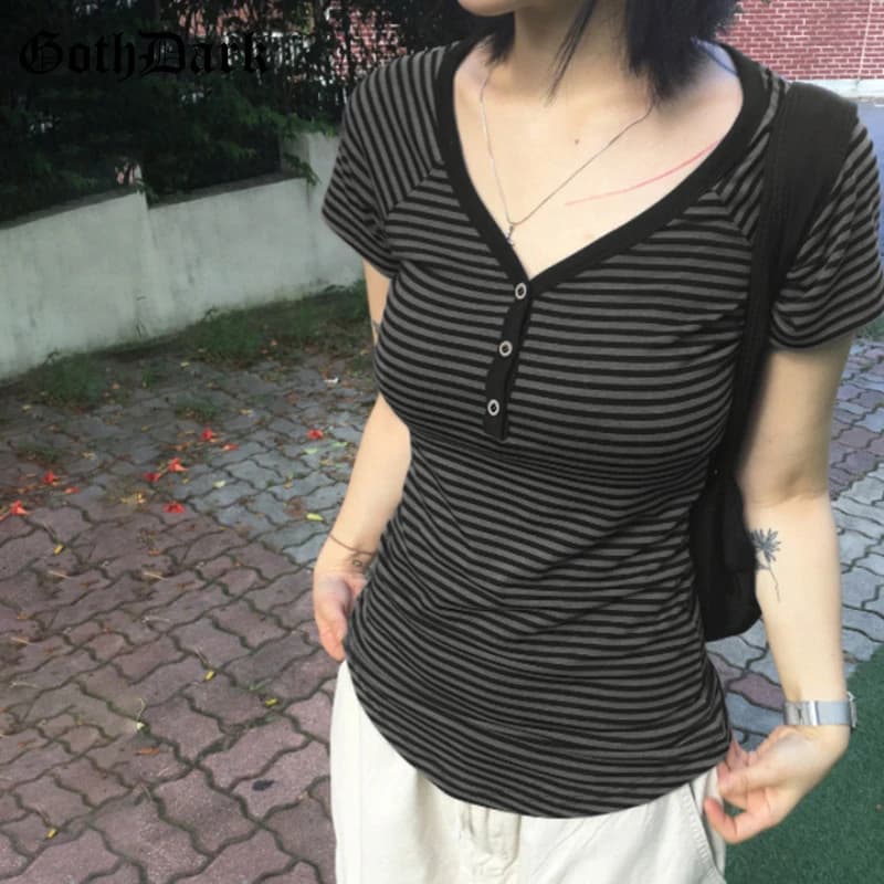T-shirt a maniche corte a righe da donna Goth Dark Casual, Stile Y2K, con scollo a V e bottoni, Top basic slim E-girl, Abbigliamento Goth