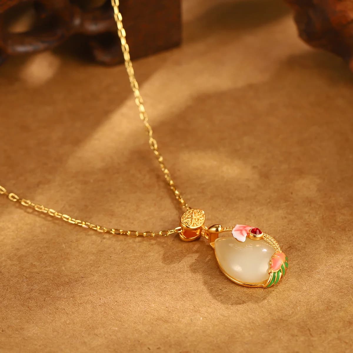 Chinese Style Natural White Jade Chalcedony Water Drop Necklace Elegant Enamel Flower Teardrop Pendant Jewelry Gift