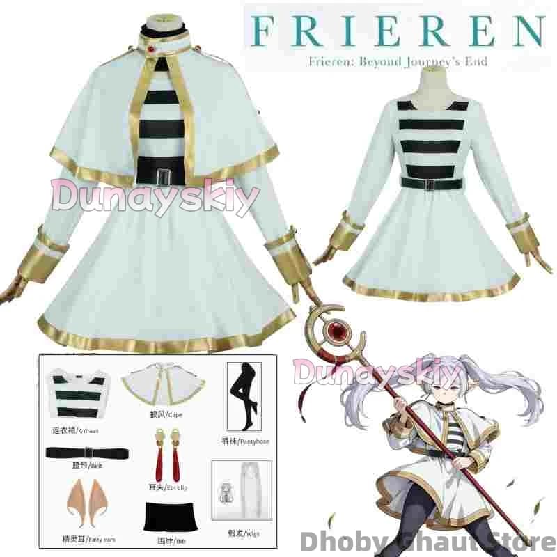 Sousou No Frieren Costume Cosplay Anime Parrucca con Orecchio da Elfo e Set Abito da Mago per Donne Festa di Natale di Halloween