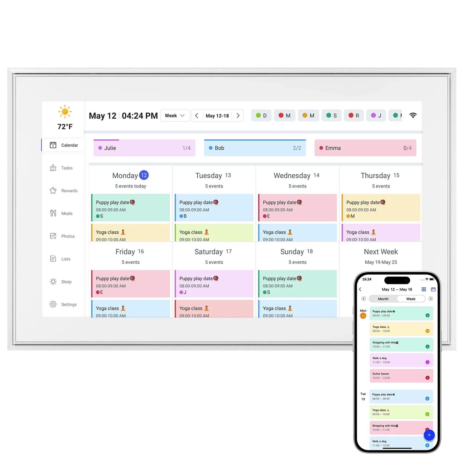 Calendario Digitale Smart per Casa con Schermo Touch, Previsioni Meteo e Cornice Fotografica, Supporto Multi-utente per Dispositivi da Ufficio Sincronizzati con Google e iCloud