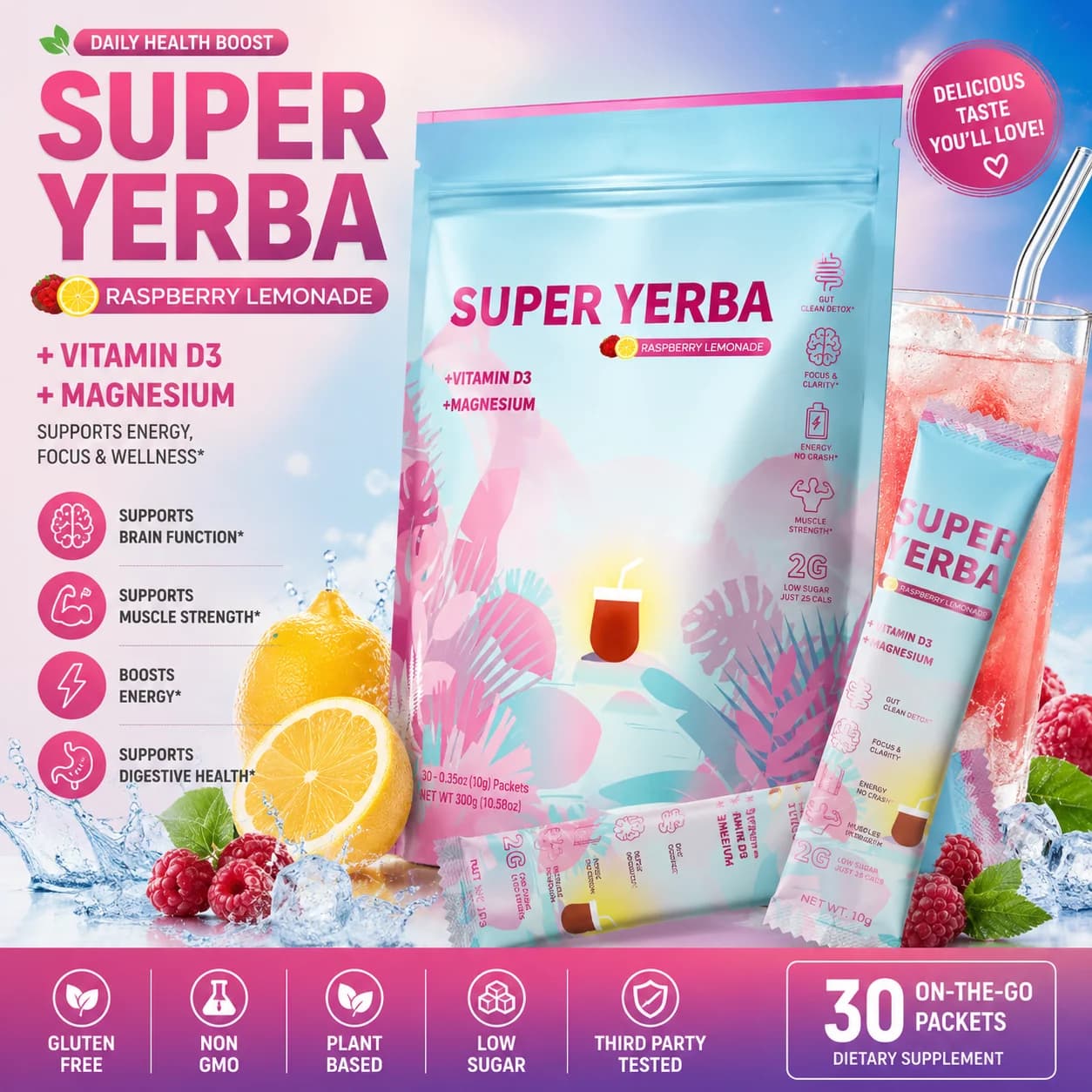 Integratore in Bustine al Gusto di Lattiera di Lamponi con Vitamina D3, Magnesio Glicinato e Miscela di Fibre Prebiotiche - 30 Bustine