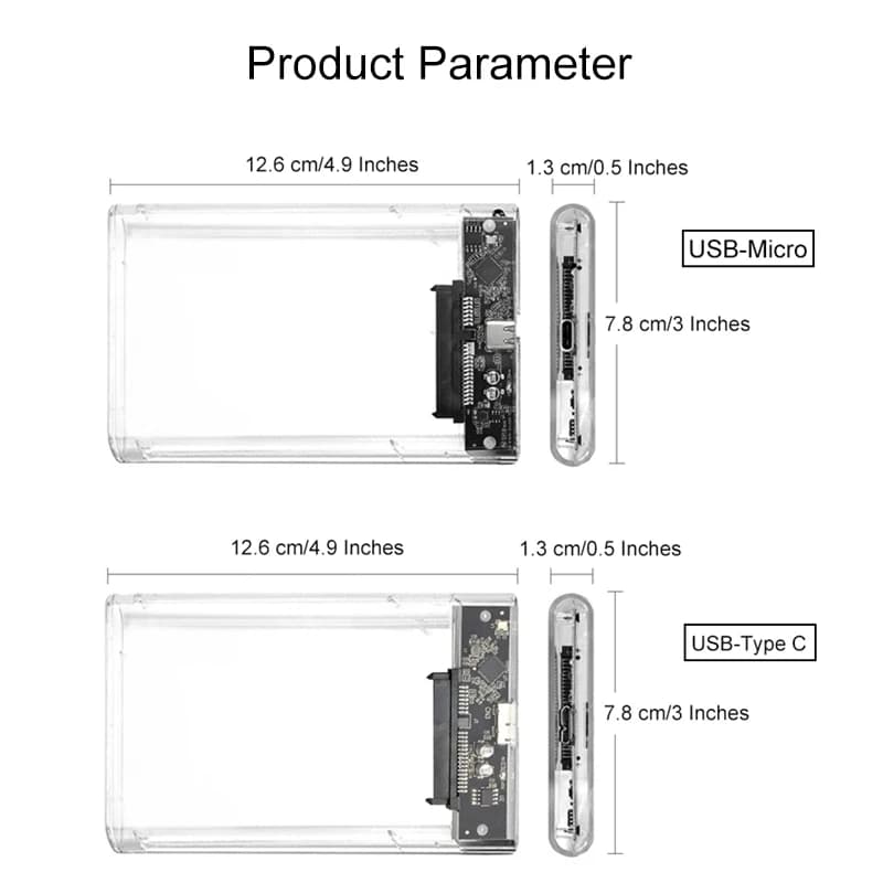 Box esterno trasparente USB 3.0 per HDD/SSD da 2,5 pollici, con cavo Type-C e Micro USB, compatibile con SATA per computer