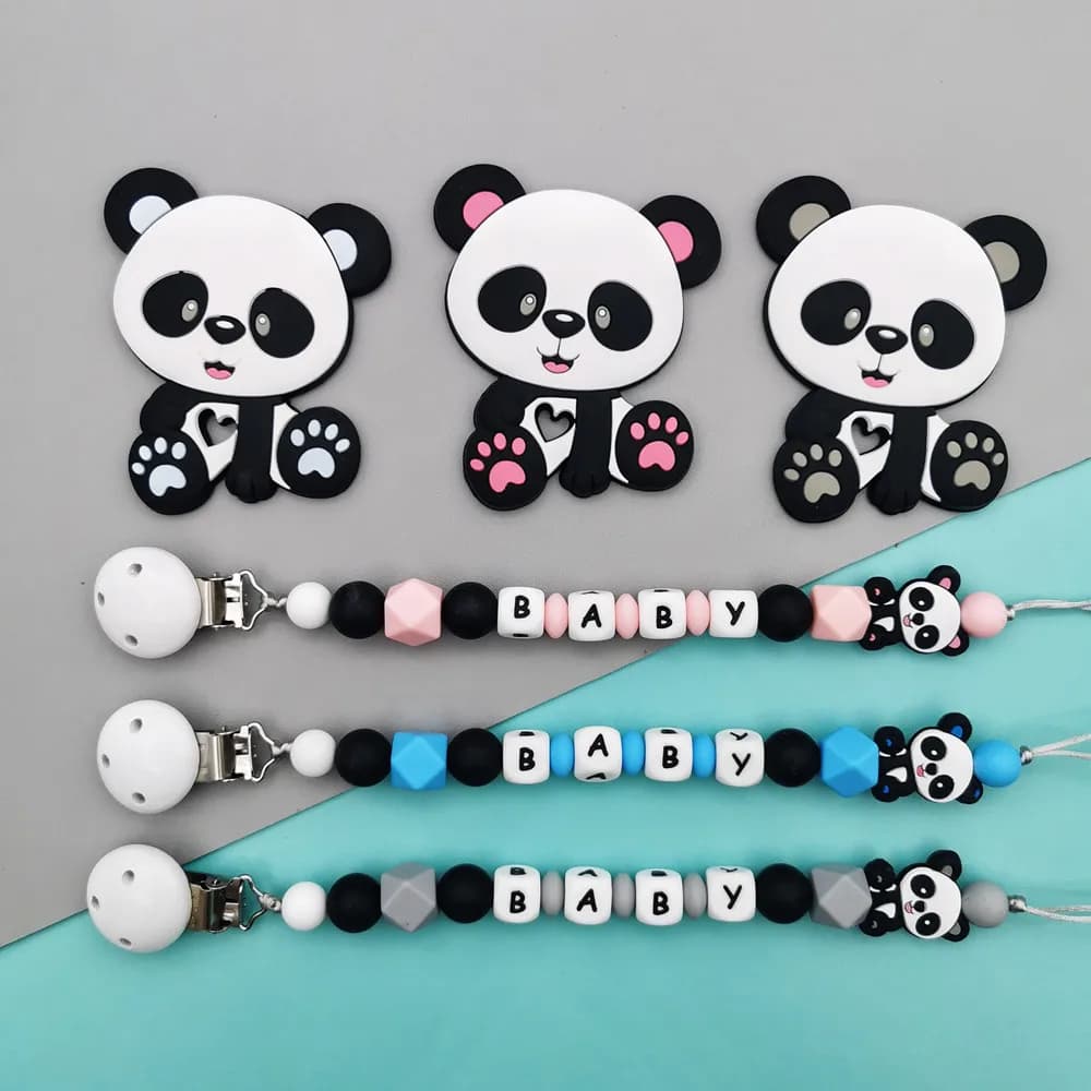 Panda personalizzato inglese lettera in silicone nome bambino clip ciuccio in silicone catene pendenti massaggiagengive per neonato Kawaii