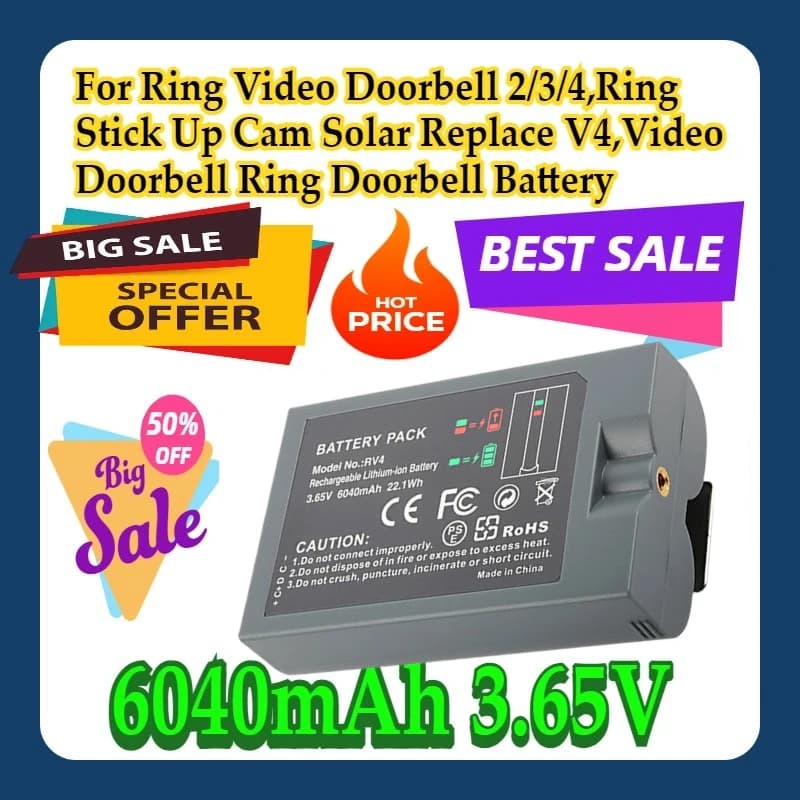 Per Ring Video Doorbell 2/3/4, Ring Stick Up Cam Solar Sostituisci V4, Videocitofono 3.65V 6040mAh Anello Campanello Batteria