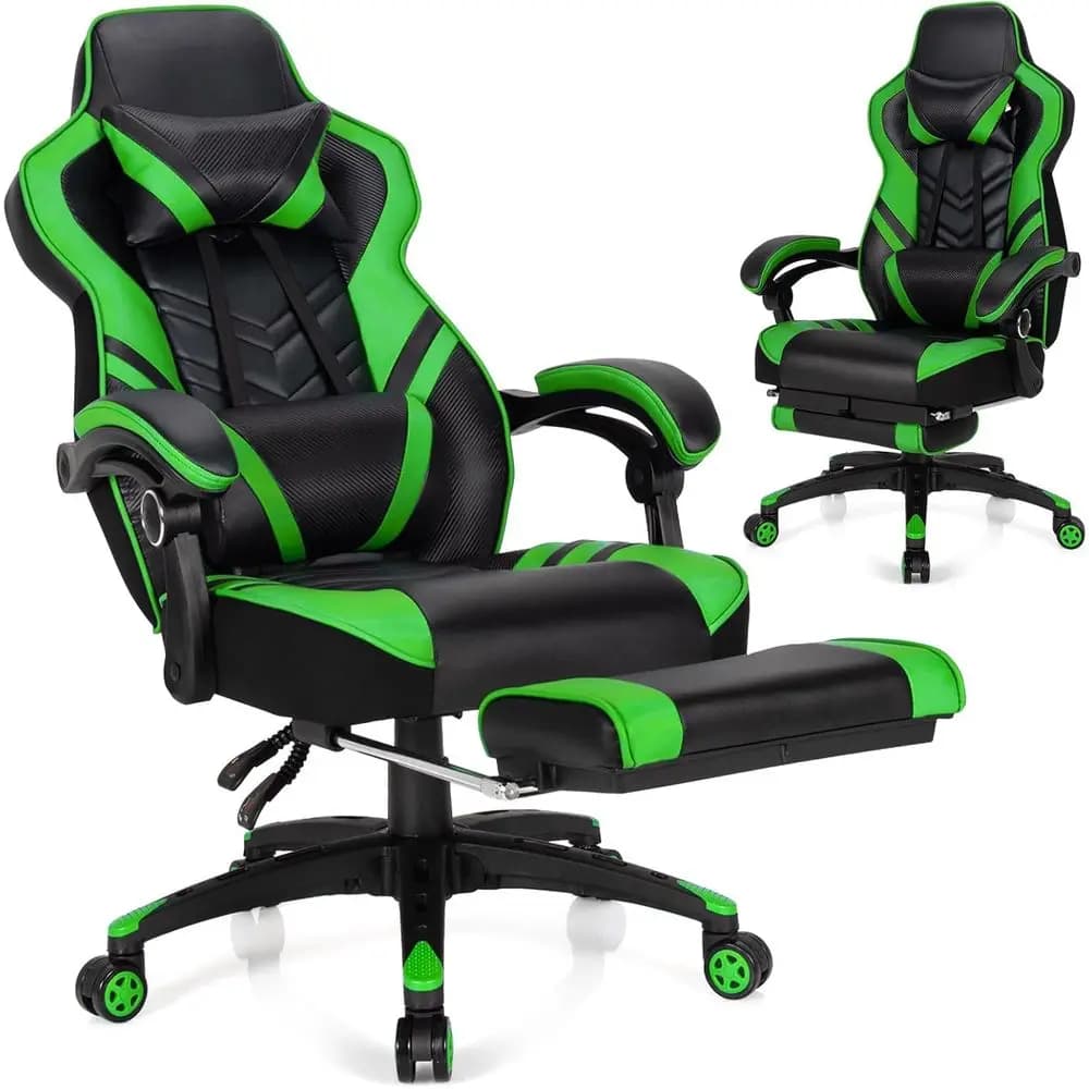 Green Ergonomic Swivel Chair with Adjustable Height, Footrest, and Lumbar Support for Gaming and Office Use