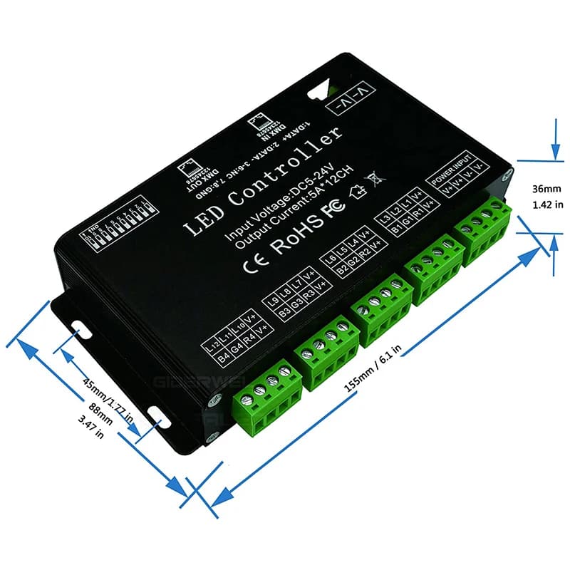 Decodificatore DMX a 12 canali Controller LED RGB 60A PWM Driver dimmer DMX512 per striscia LED RGB e modulo LED DC12V-24V gelsomino