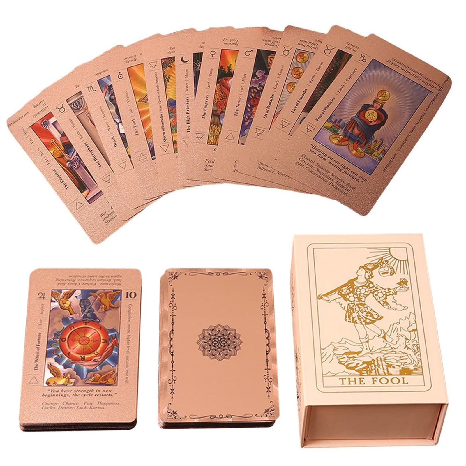 Set di 78 Carte dei Tarocchi Classiche Mystic Divination con Libro Guida, Mazzo di Carte Oro Rosa per Principianti e Praticanti Esperti