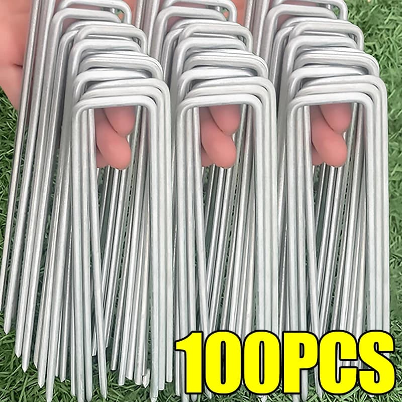 100/10 pz Heavy-duty U-tipo Graffette Da Giardino Recinzione Tubo Picchetti Sod Spilli Galvanizzati Paesaggio Spike Tenendo Prati Terra Chiodo