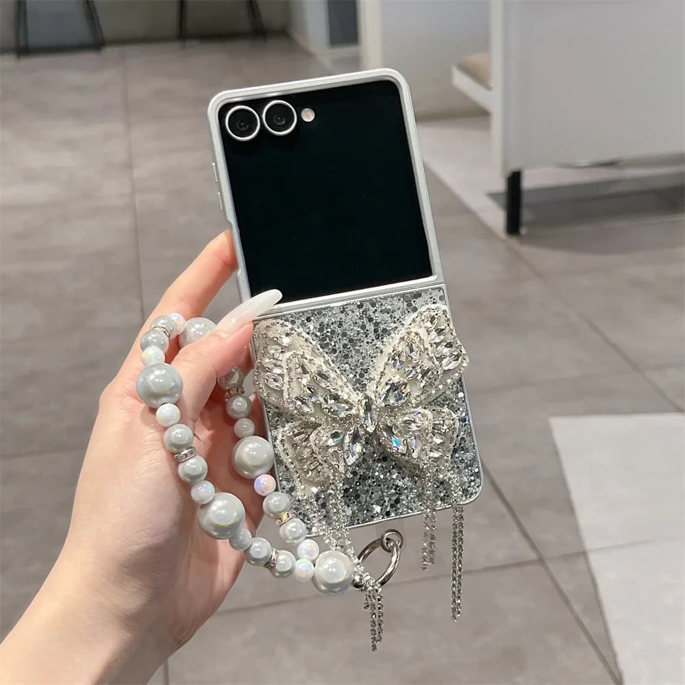 Luxury Diamond 3D Butterfly Glitter Phone Case for Samsung Galaxy Z Flip6 5 Flip7 7FE Flip5 4 3 Cover With Chain Korean Cute Fun