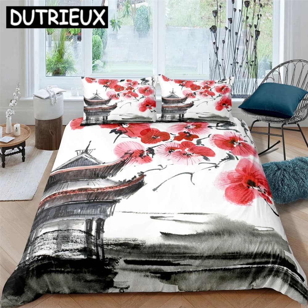 Lavare la pittura Gru Plum Blossom 3D Copripiumino Set di biancheria da letto Trapunte Federe in lino Decorazioni per la casa Singolo Doppio Twin King Queen