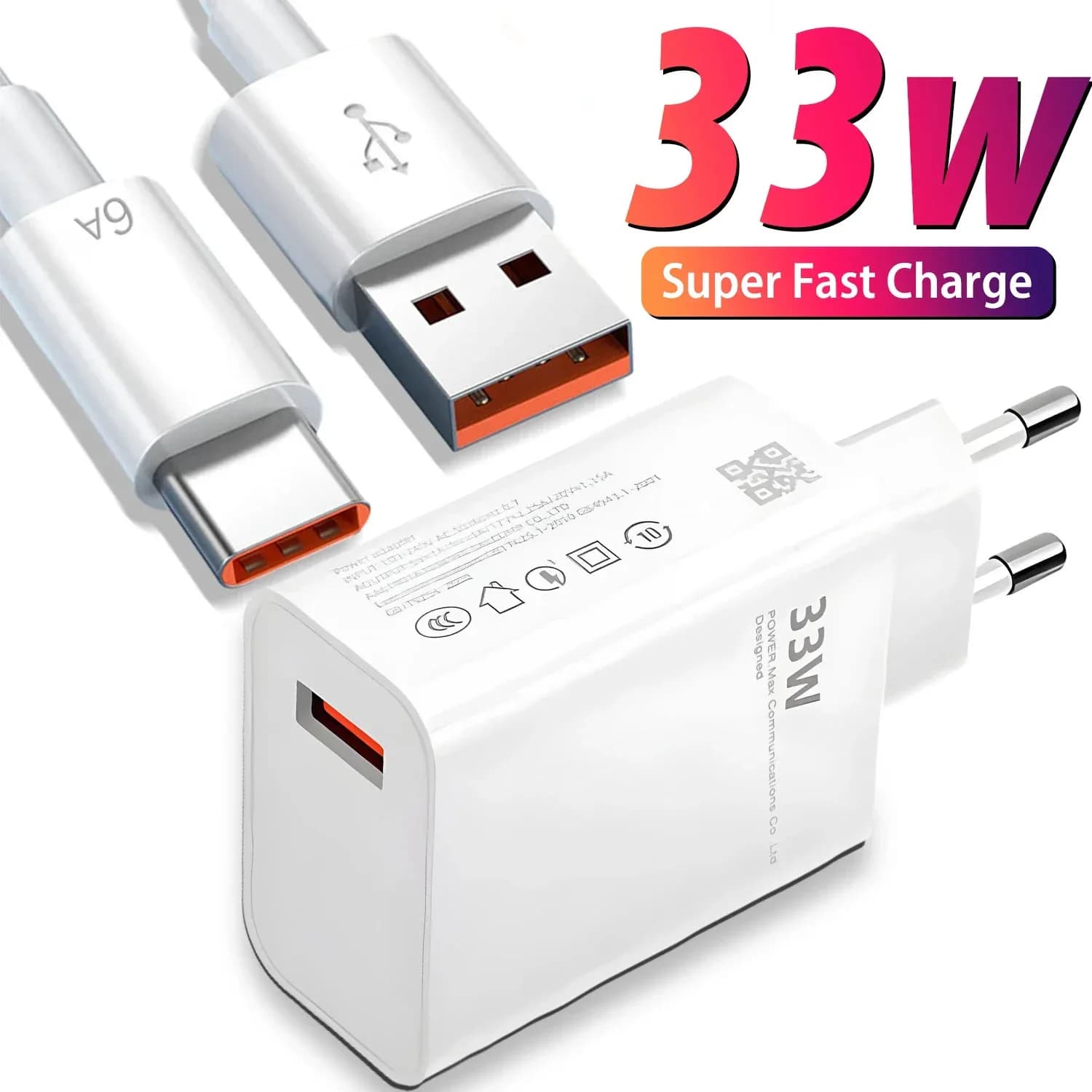 Caricabatterie USB Rapido 33W QC 3.0 con Cavo USB C 6A, Adattatore da Muro per Xiaomi Redmi K30 K40 iPhone Samsung Huawei, Spina EU/US, Ricarica Veloce